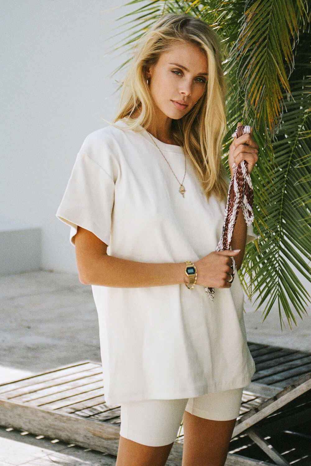 Comfy Cream Ribbed Short - Sleeve High - Rounded Neck Mellow Tee