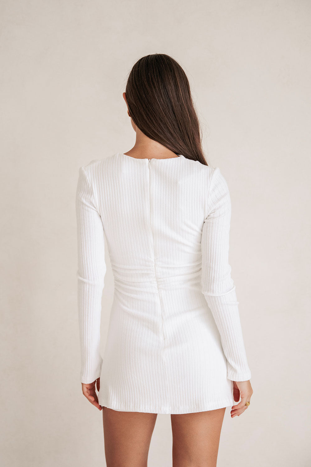 Exclusively Designed White Slightly Stretchy Ribbed Aster Mini Dress