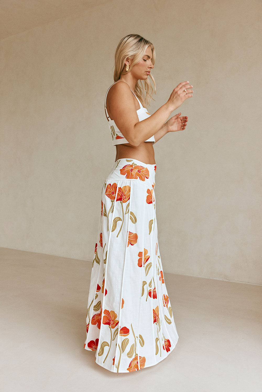 Stylish Estelle Poppy Print High - Waisted Cotton Slub Maxi Skirt