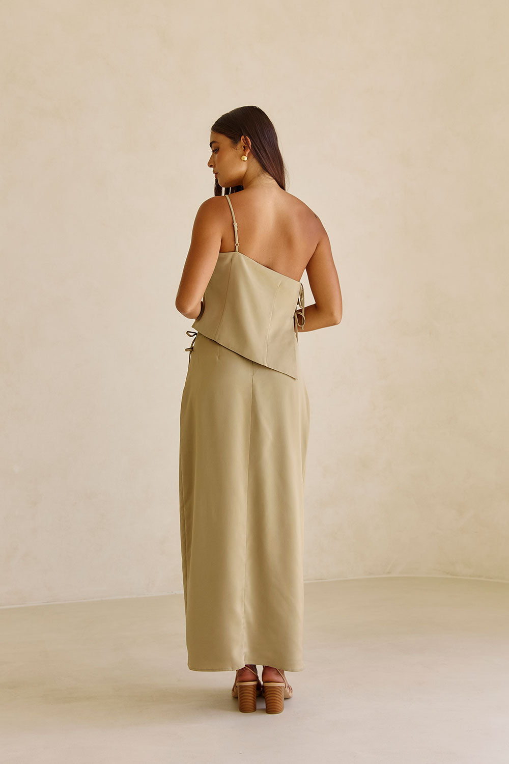 Dusty Olive Matte Silky Asymmetric Bria Top for Formal Wear