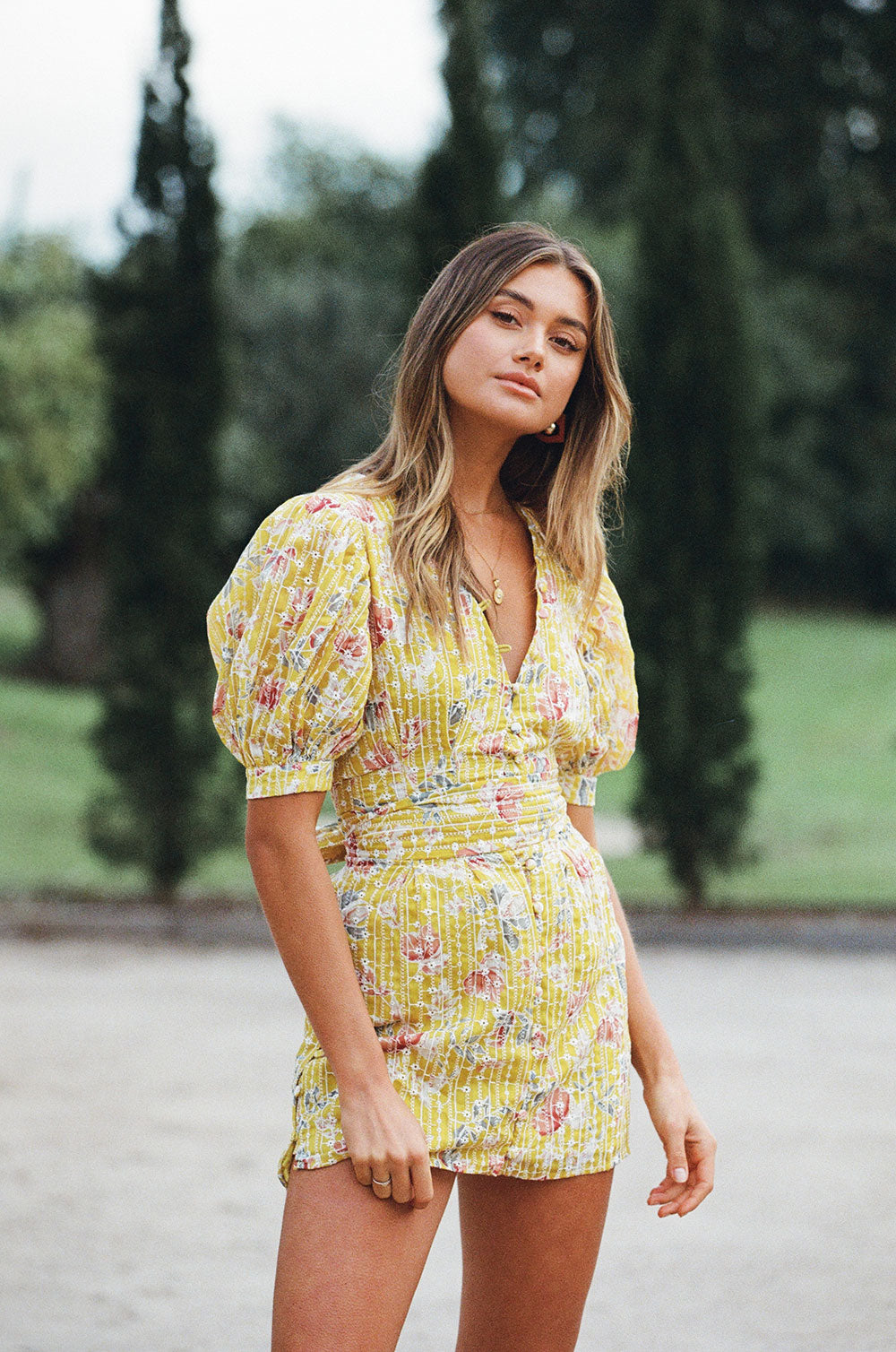 Autumn Mustard Floral Kori Dress with Contrast Embroidery