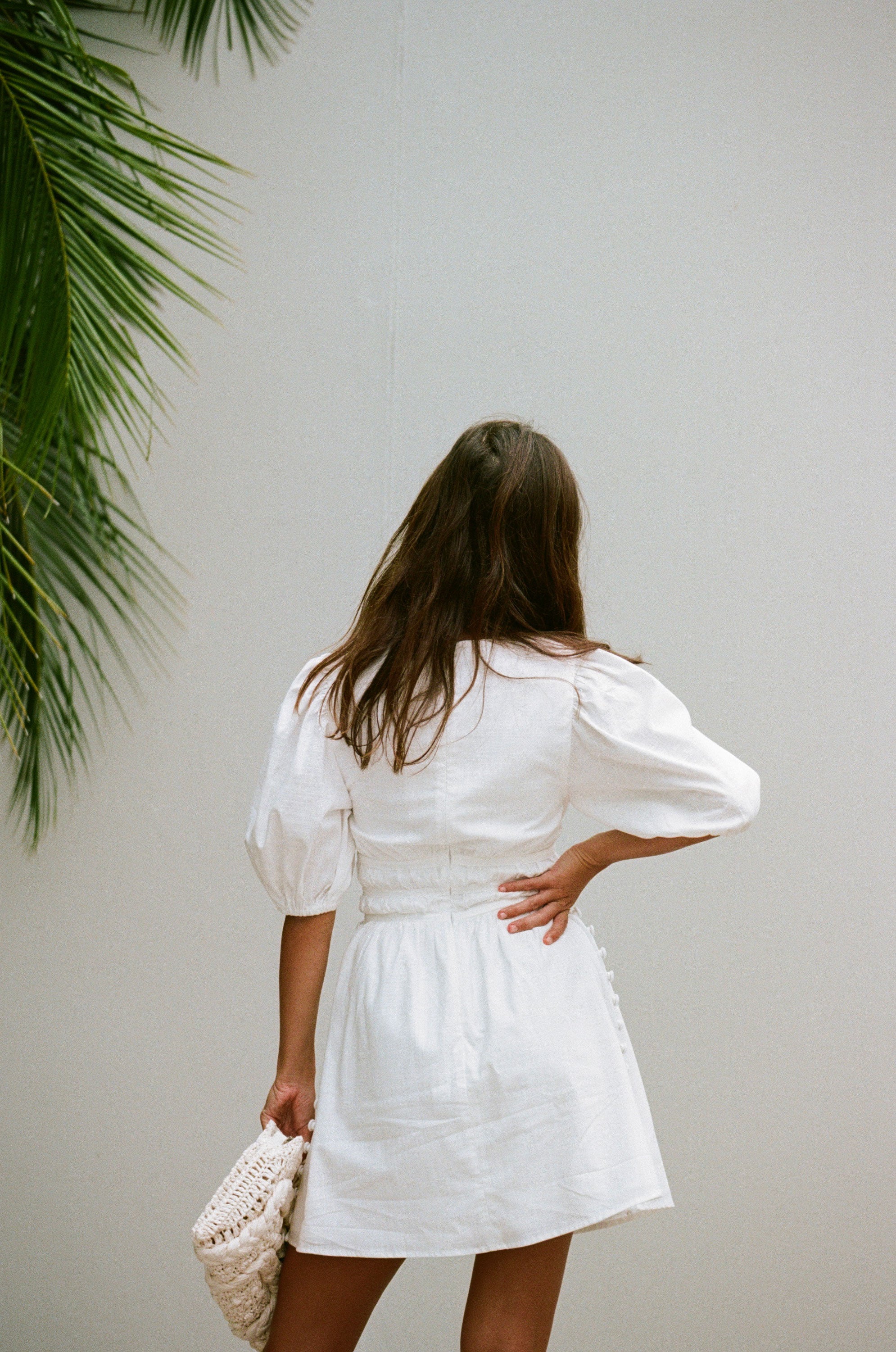 Exquisite White Natural Cotton Slub Saint - Germain Button Dress