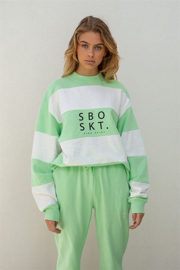 Elegant Green and White Striped Natural Terryback Cotton Wisteria Sweater