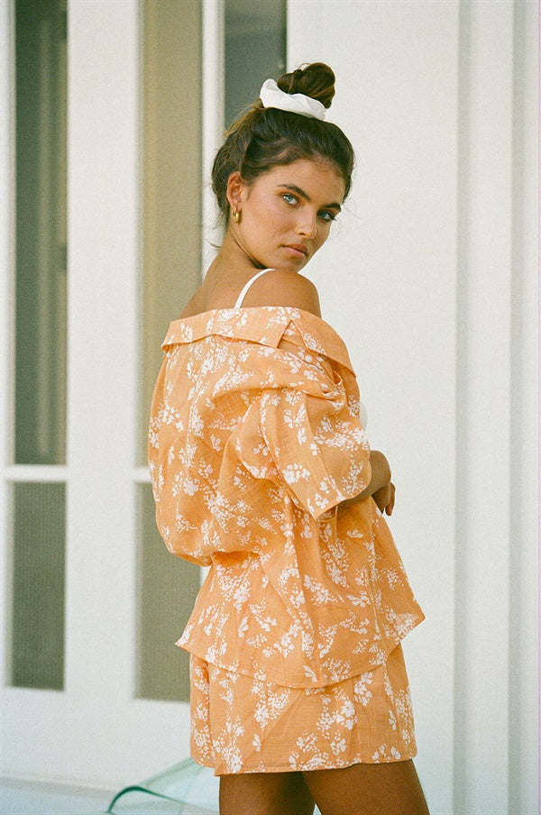 Stylish Orange Cotton Cheesecloth Keira Women's Top with Exclusive Speckled Floral Print