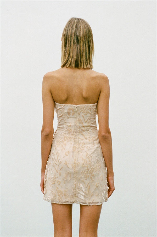Exclusive Tan Animal Print Strapless Drape Party Dress - Sahana