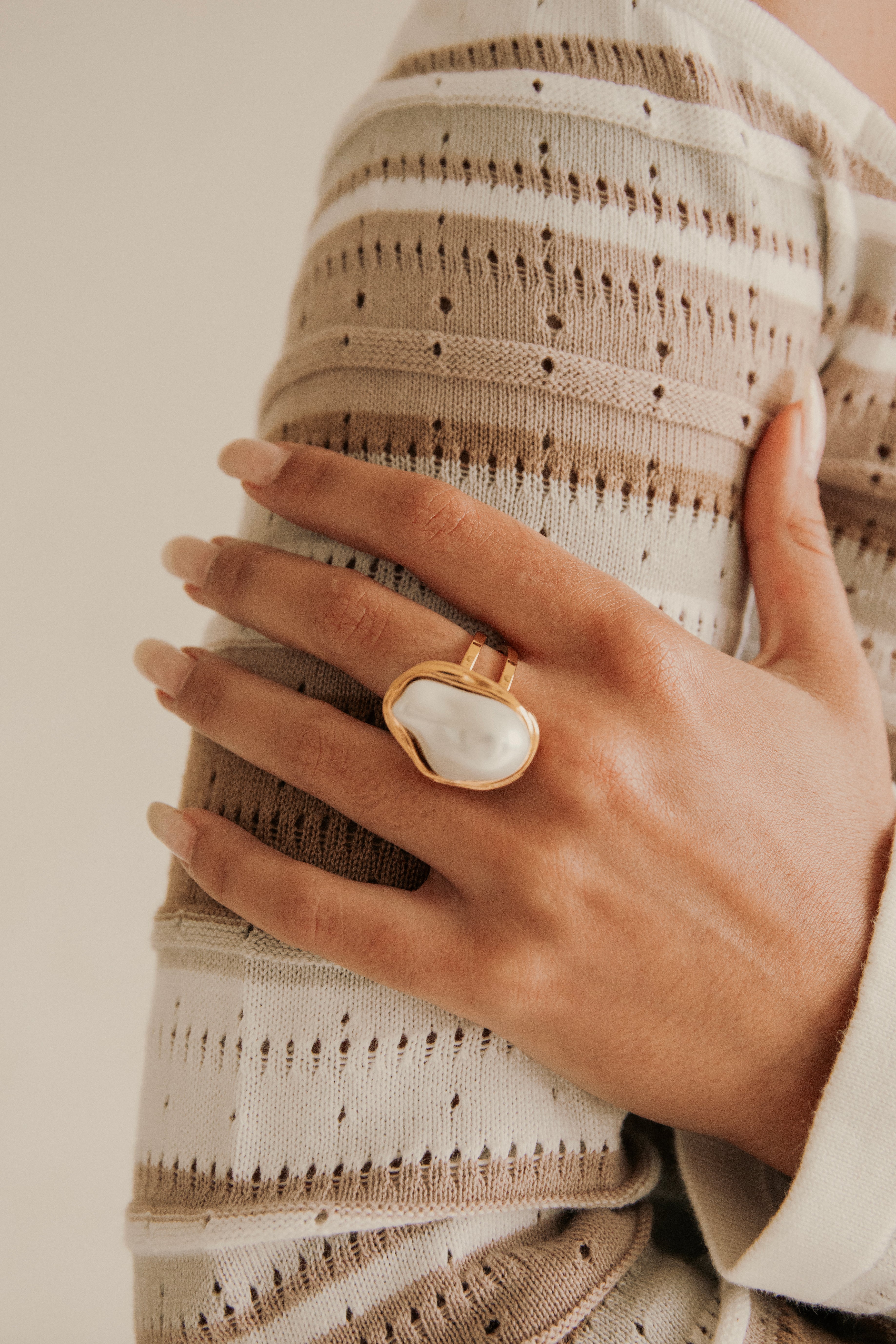 Exquisite Adjustable Gold - Toned Twin - Band Gaia Ring with Bold Vegan Pearl and Gold Border