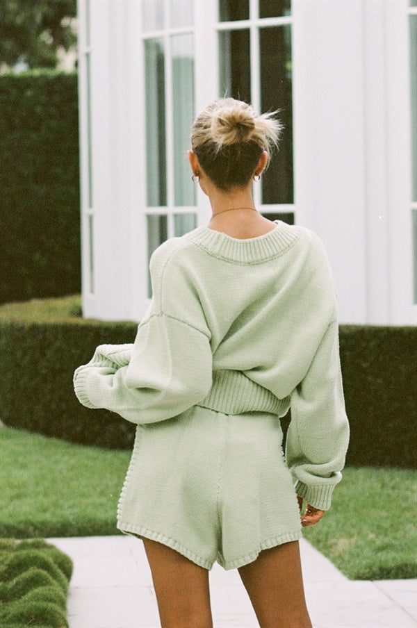 Ayva Soft Cotton Blend Green Relaxed Style Knit Sweater