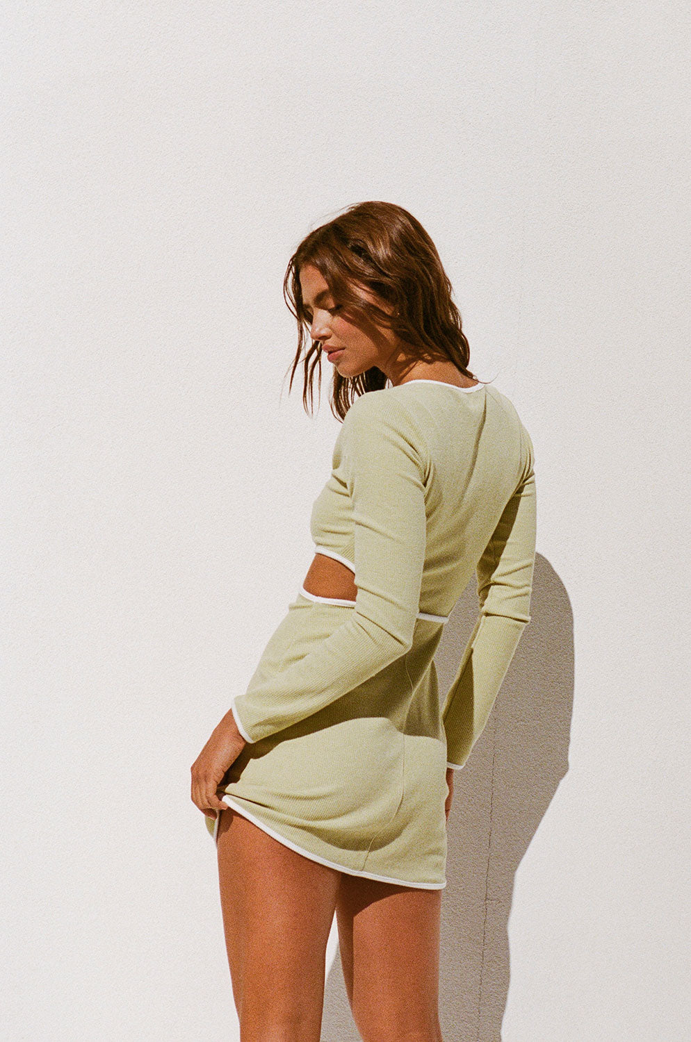 Dusty Green Ribbed Retro-Inspired Gigi Dress with White Bindings