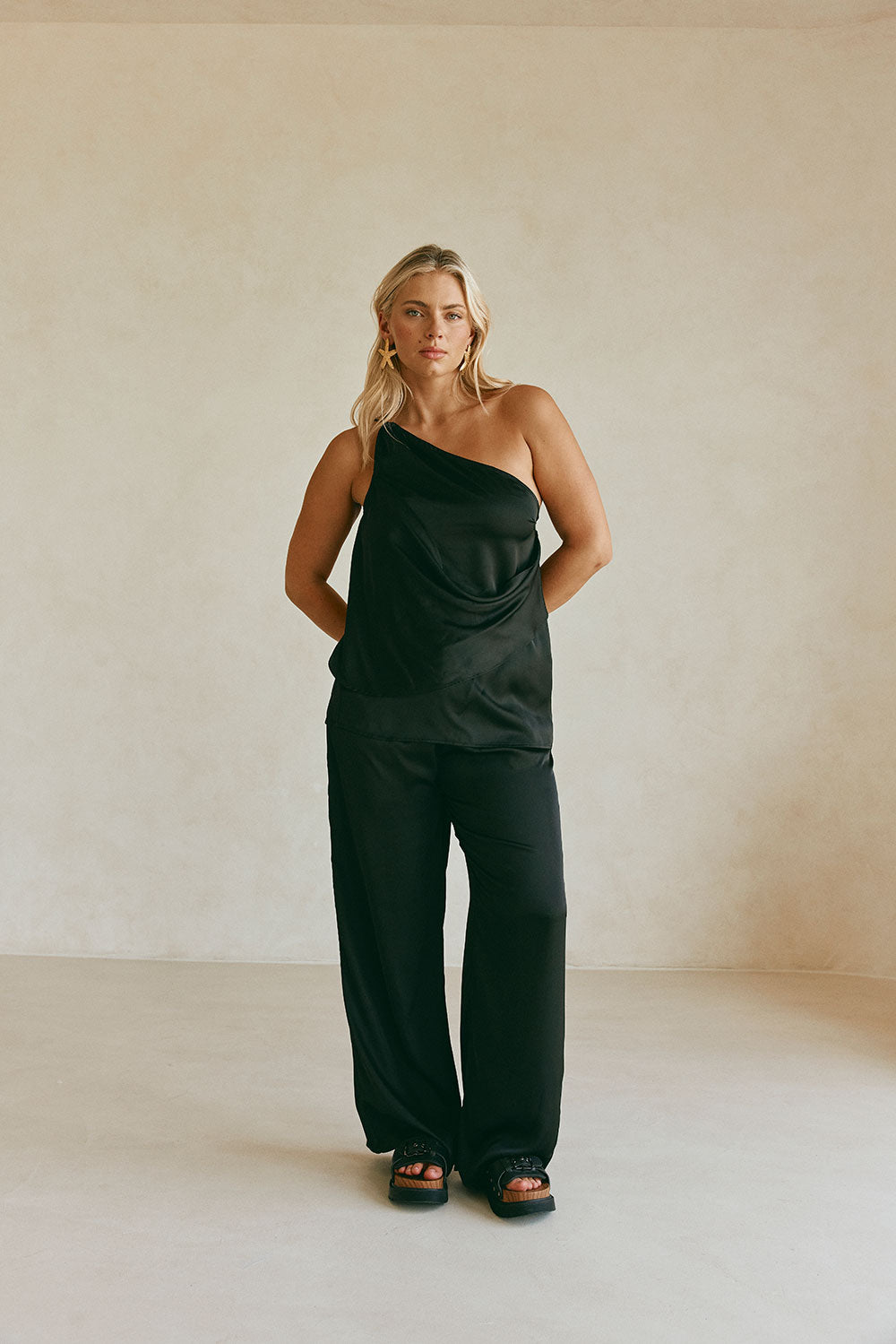 Elegant Adeline Women's Black Matte Silk Pants with Drawstring Waist