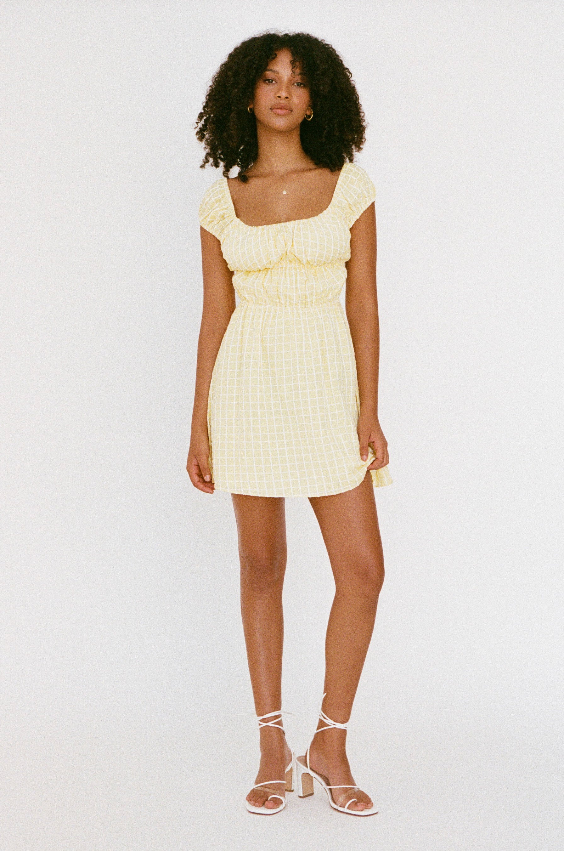 Summer-Inspired Serati Women's Yellow Dress with Textured White Checks