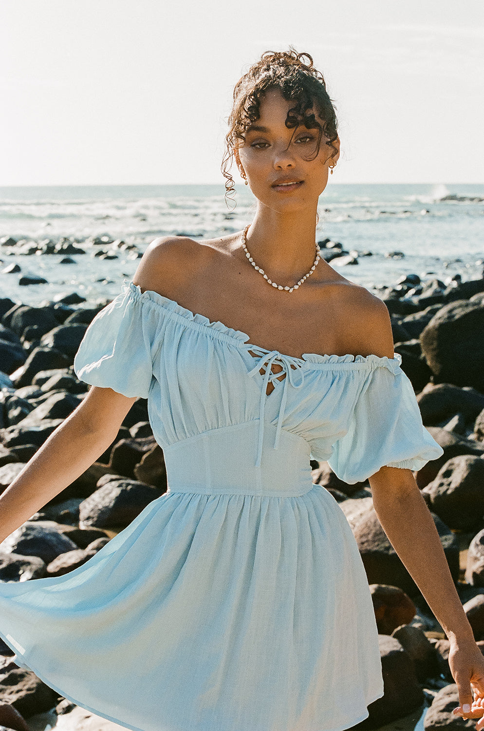 Blue Nyrobi Off - Shoulder Dress with Puff Sleeves and Corset Waist