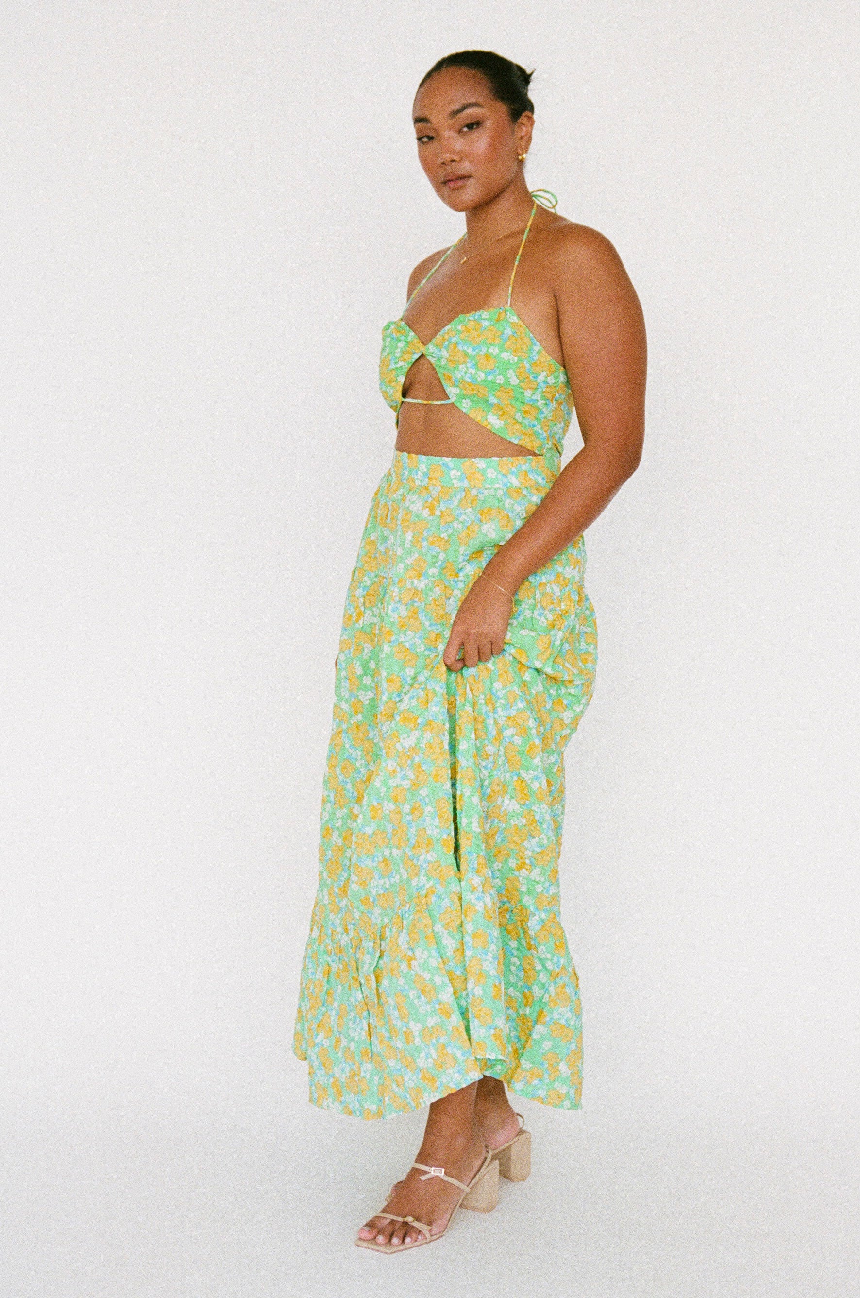 Exclusive Chalk Floral Print Calais Halter Neck Tie Dress