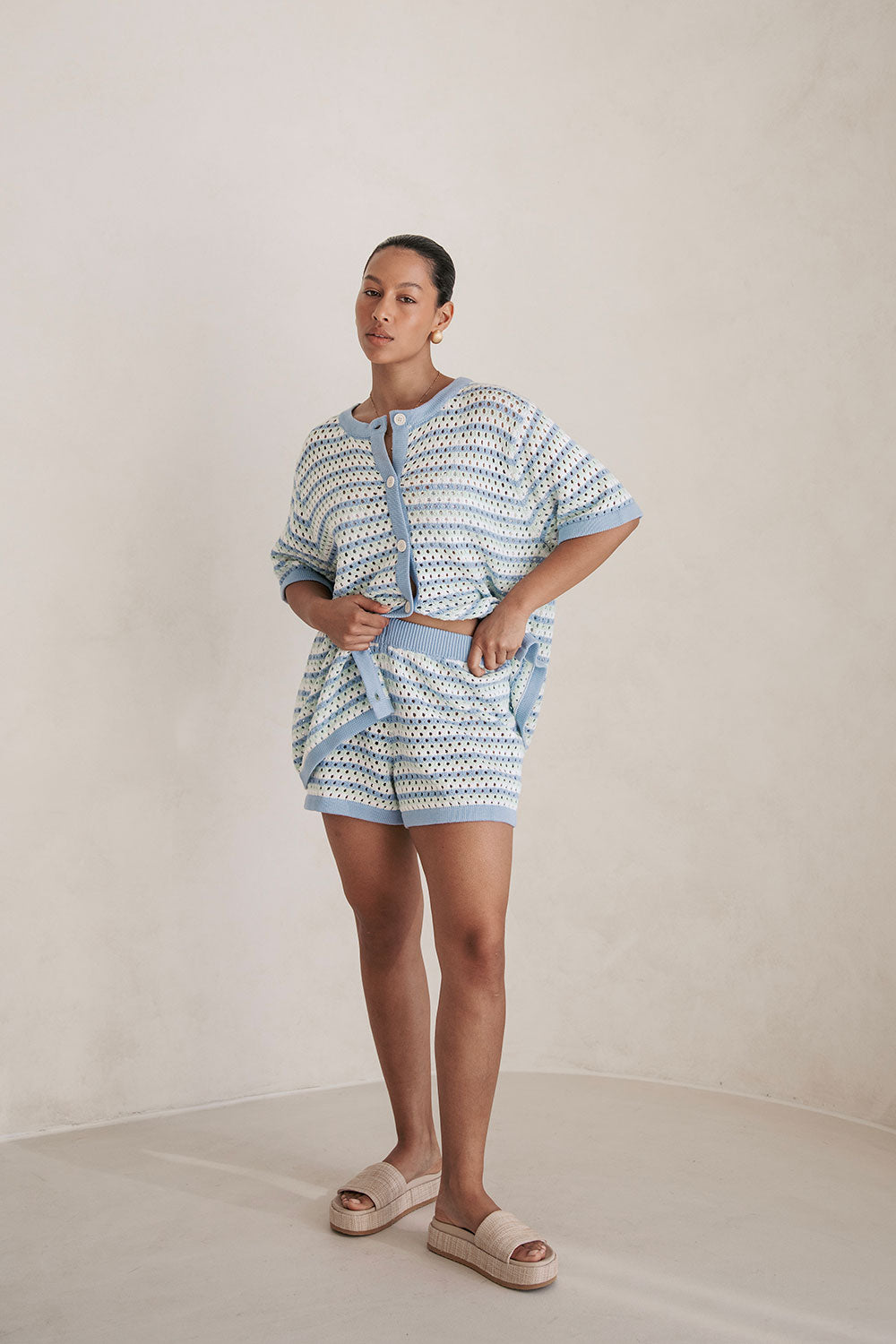 Blue Chantel Cotton Knit Shorts with Vintage Flair
