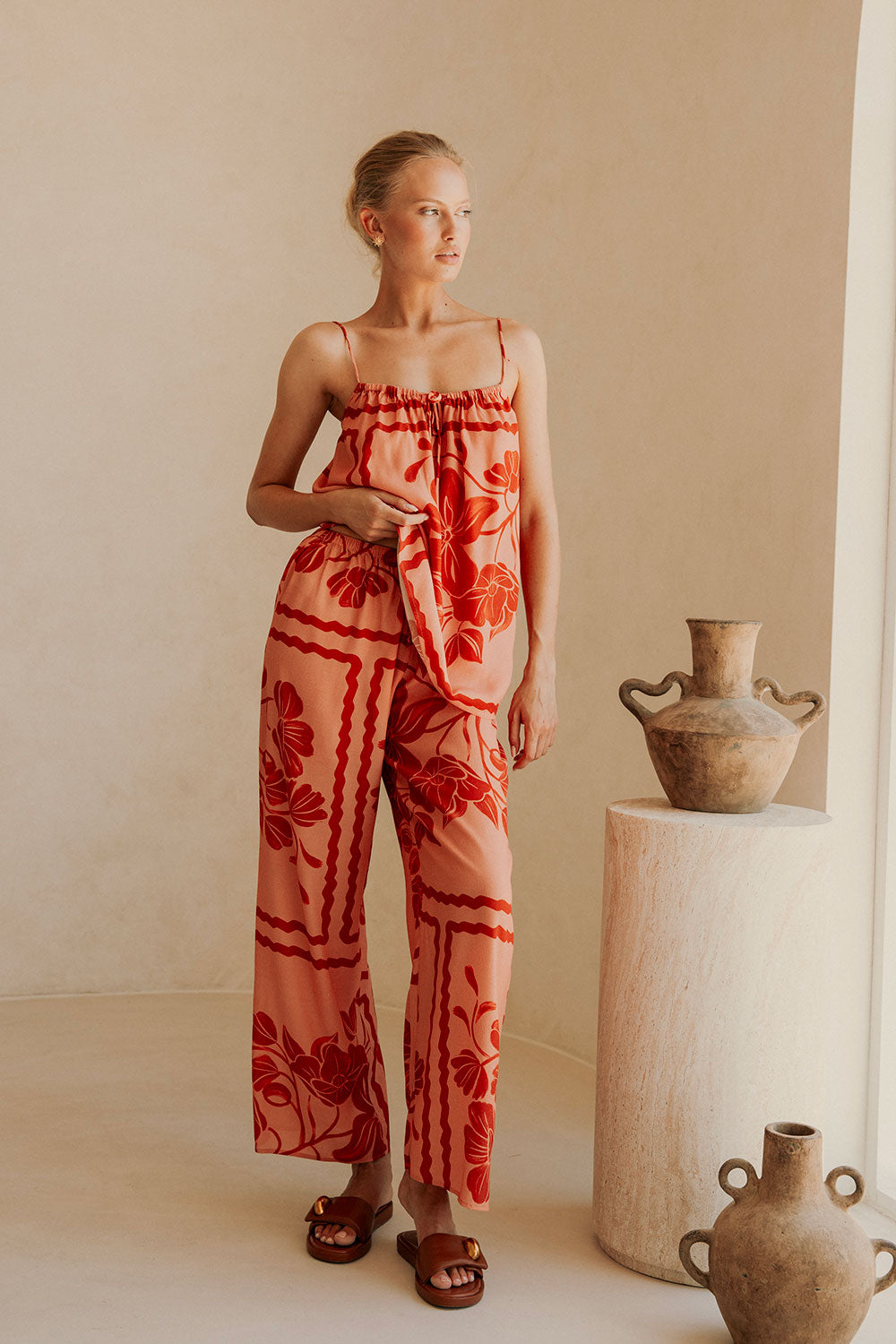 Fashionable Women's Alani Crepe Pants with Exclusive Fiore Postcards Print