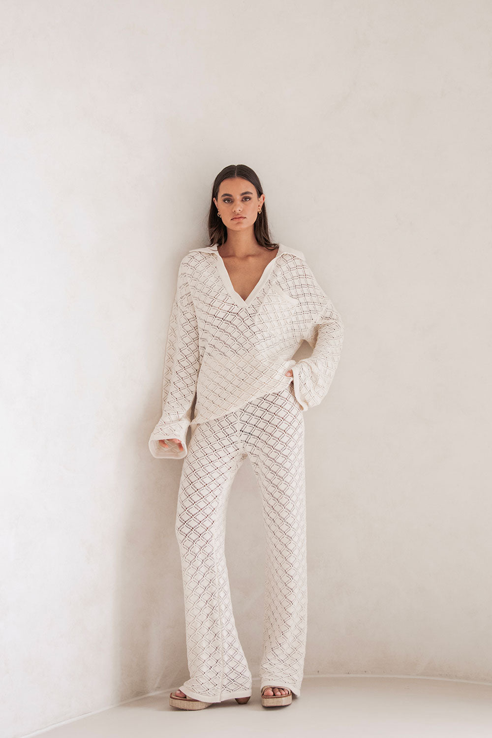Sabo's Exclusively Designed Cosy Light Cream Jaimie Cotton Pointelle Knit Top