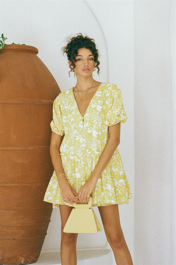 Stylish Yellow Floral Print Tarelle Women's Dress