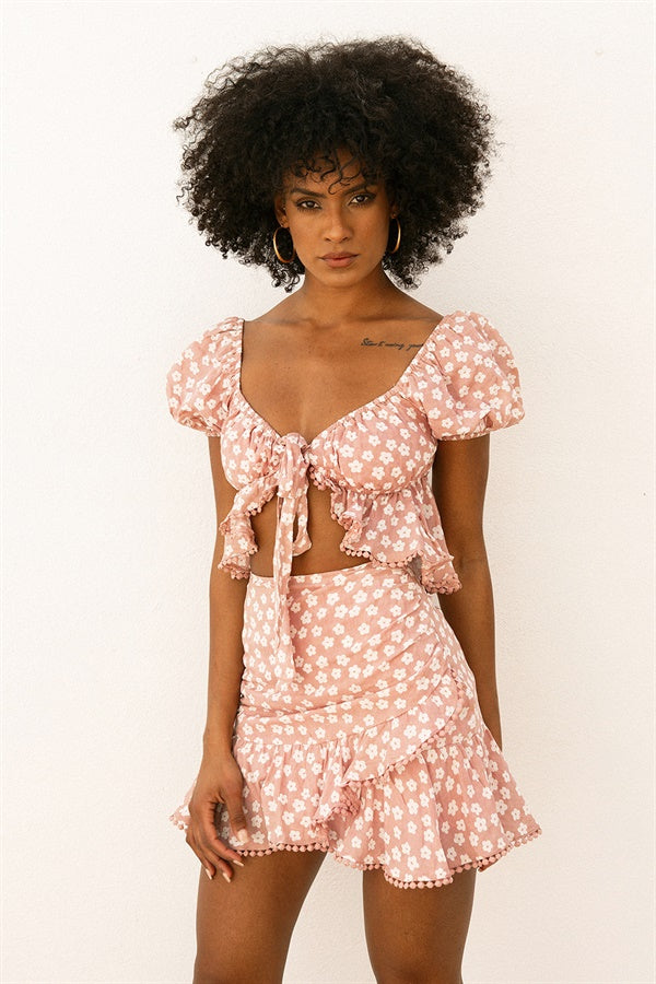 Elegant Musk-Hued Natural Cotton Blend Hattie Floral Print Asymmetric Frill Skirt