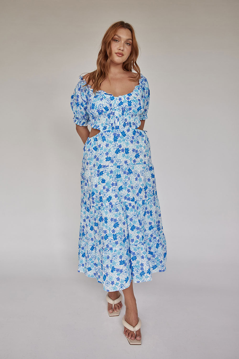 Exclusive Blue Dusk Floral Print Zara High - Quality Cotton Midi Dress