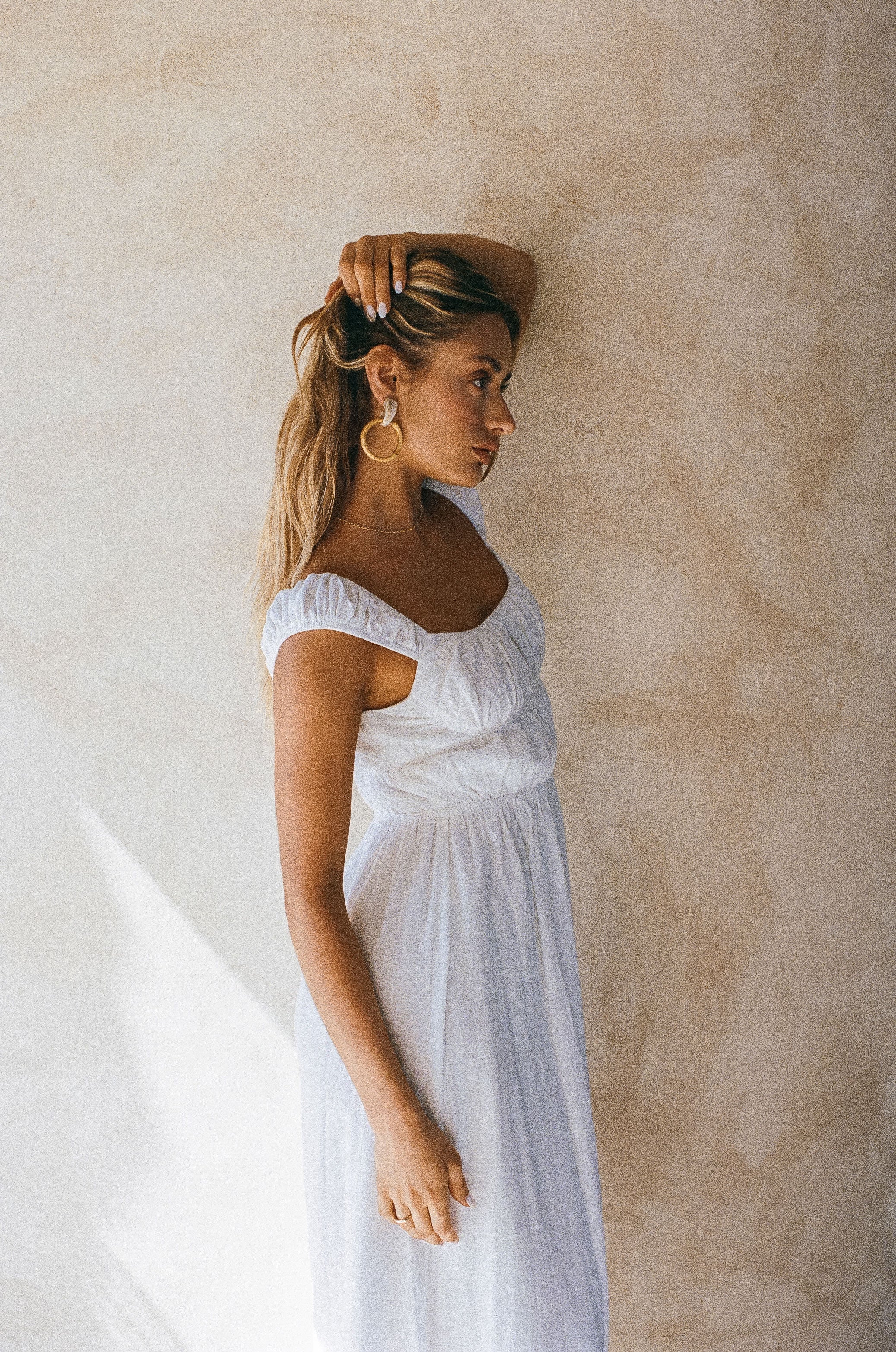 Stylish Fabi Off-White Cotton Midi Dress for Women