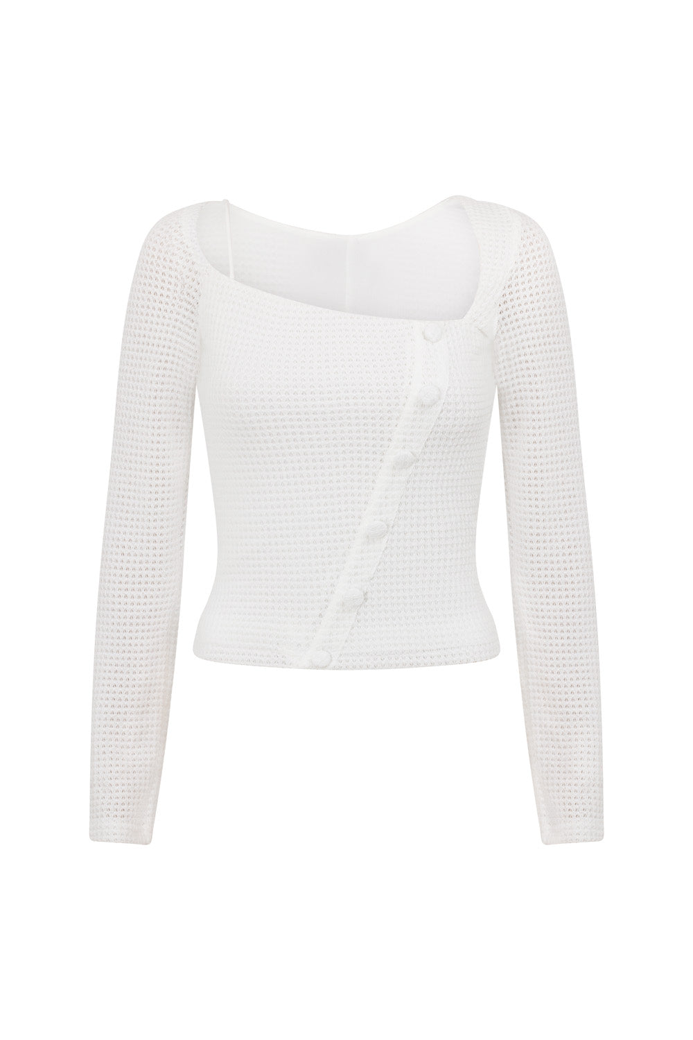 Unique White Textured Waffle Taite Top with Asymmetric Design