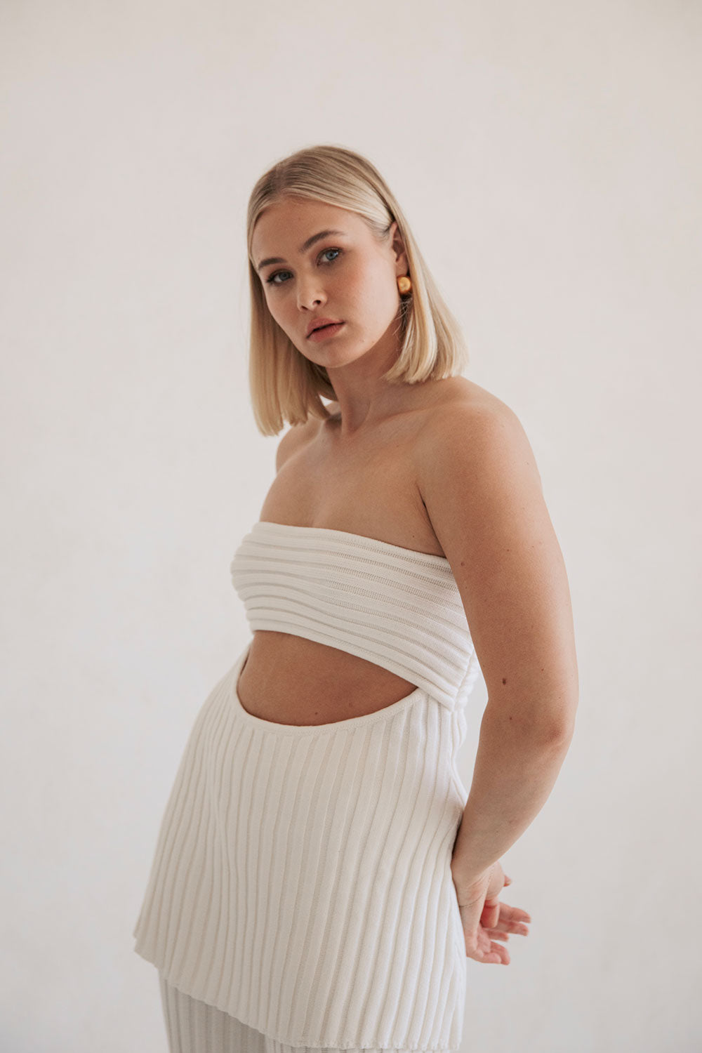 Exclusive White Natural Ribbed Knit Strapless Stevie Top
