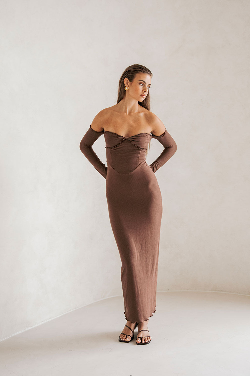 Stretchy Chocolate Hue Off Shoulder Holly Midi Dress