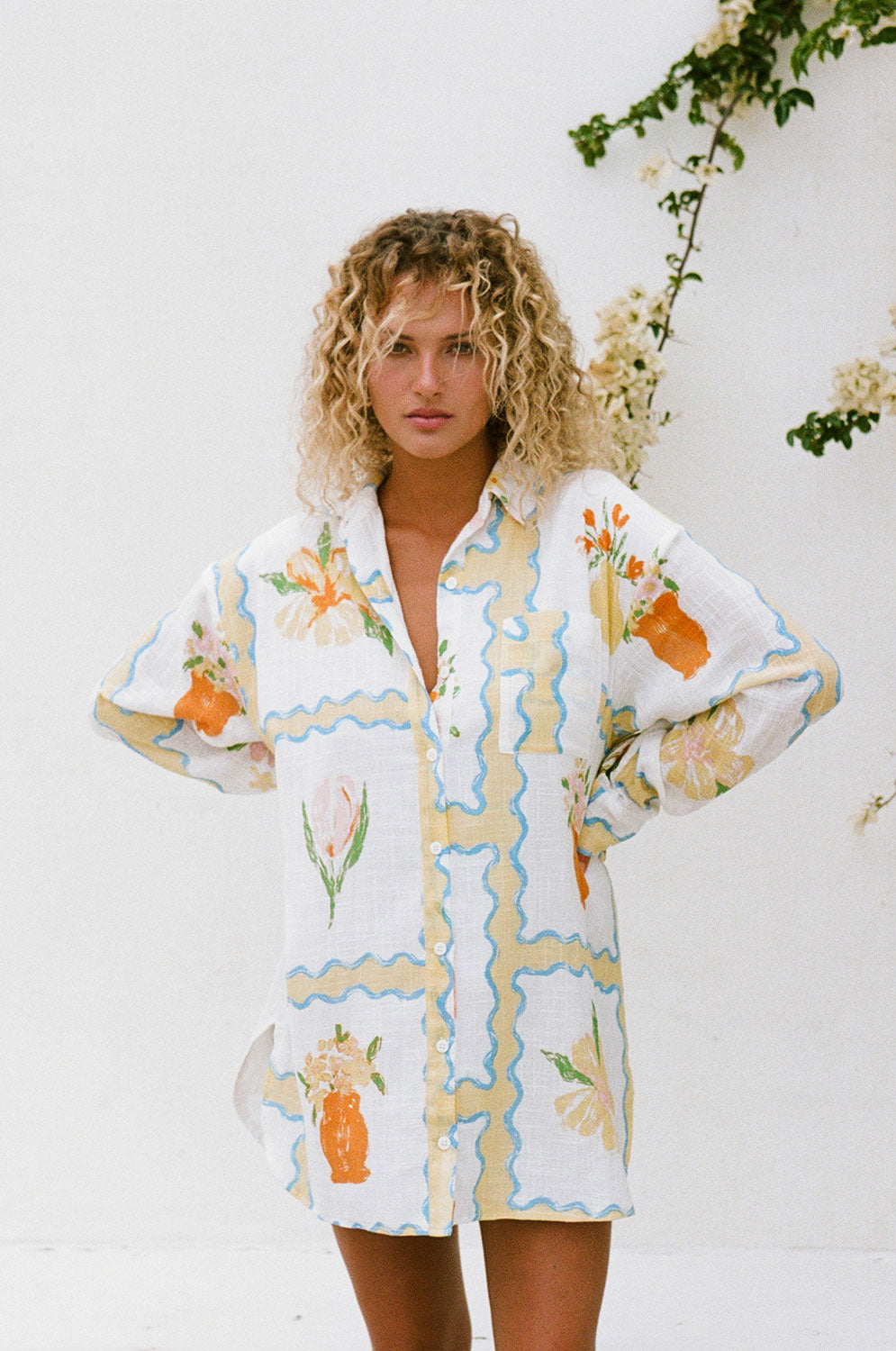 Sabo's Exclusive Jay Women's Shirt Dress with Flower Pots Print