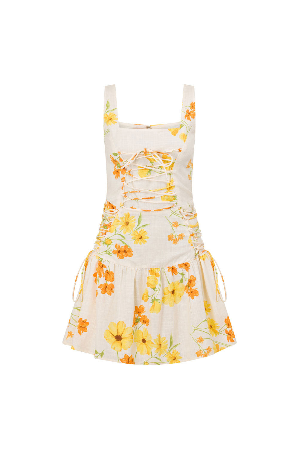 High - quality Cotton Slub Sabo Exclusive Pressed Flower Print Brea Lace - up Mini Dress