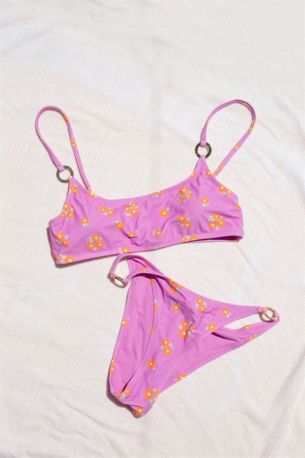 Oliana Retro Floral Print Stretch Pastel Magenta Ring Bottom Swimwear