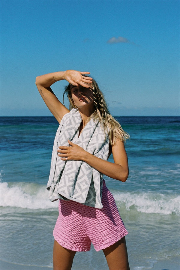 Pink Chunky Knit High - Waisted Panama Shorts for All Seasons