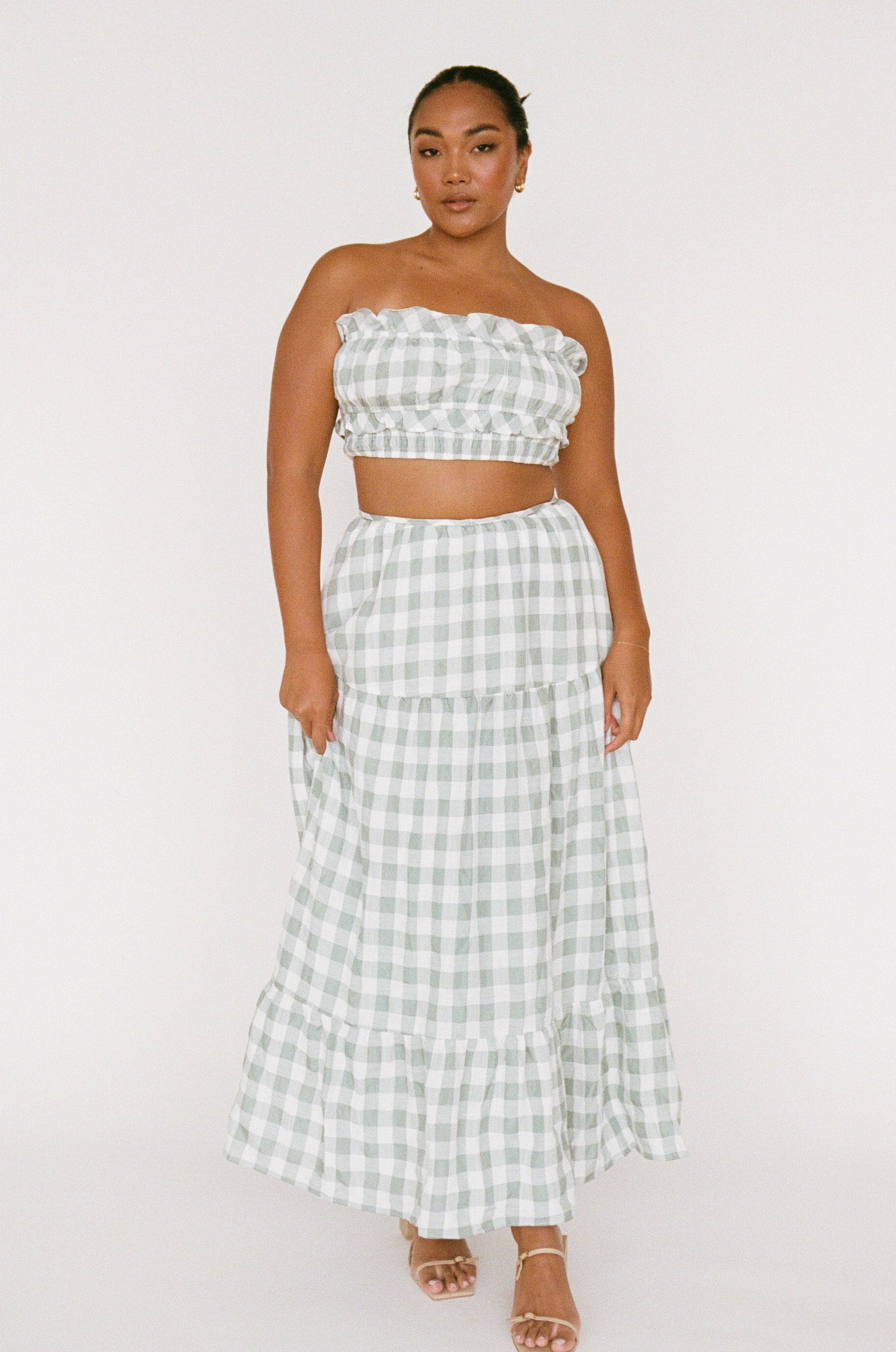 Lightweight Sea Foam Green and White Gingham Alarette Bandeau Top