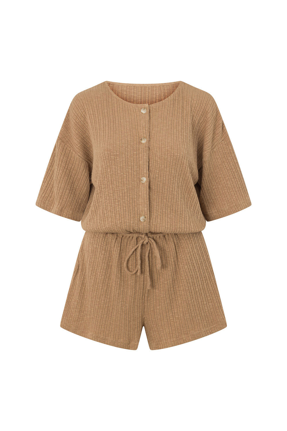 Sabo's Exclusive Juniper Tan Textured Ribbed Biscotti Colored Playsuit for a Comfy and Cute Look