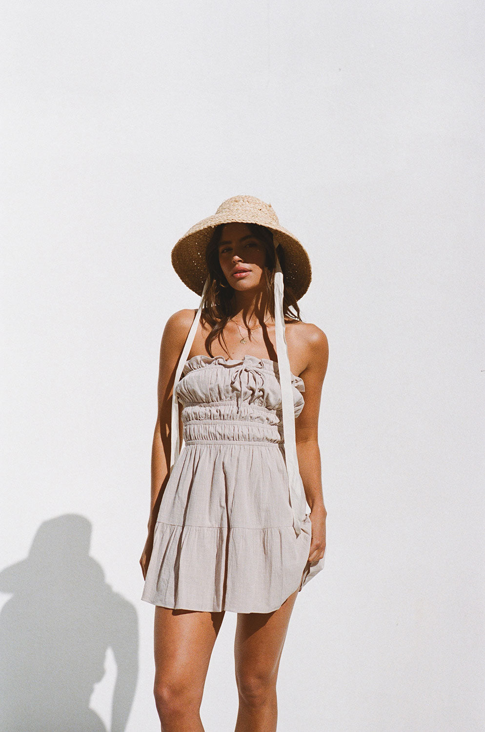 Beige Textured Cotton Blend Strapless Alaria Summer Dress