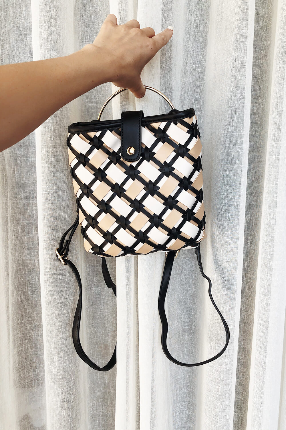 Sabo-Designed Off-White, Beige and Black Woven Vegan Leather Lattice Mini Backpack