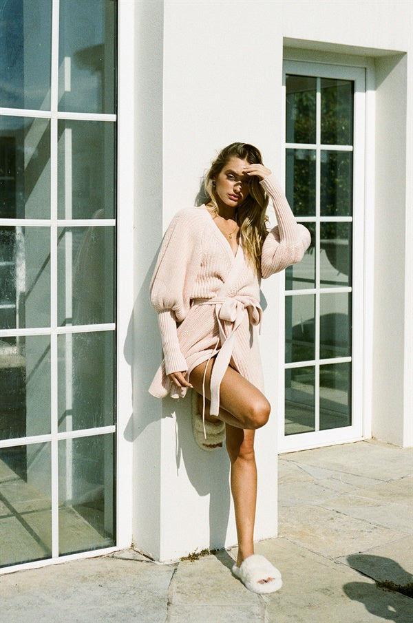 Blush Pink Vintage-Inspired Elle Wrap Knit Dress