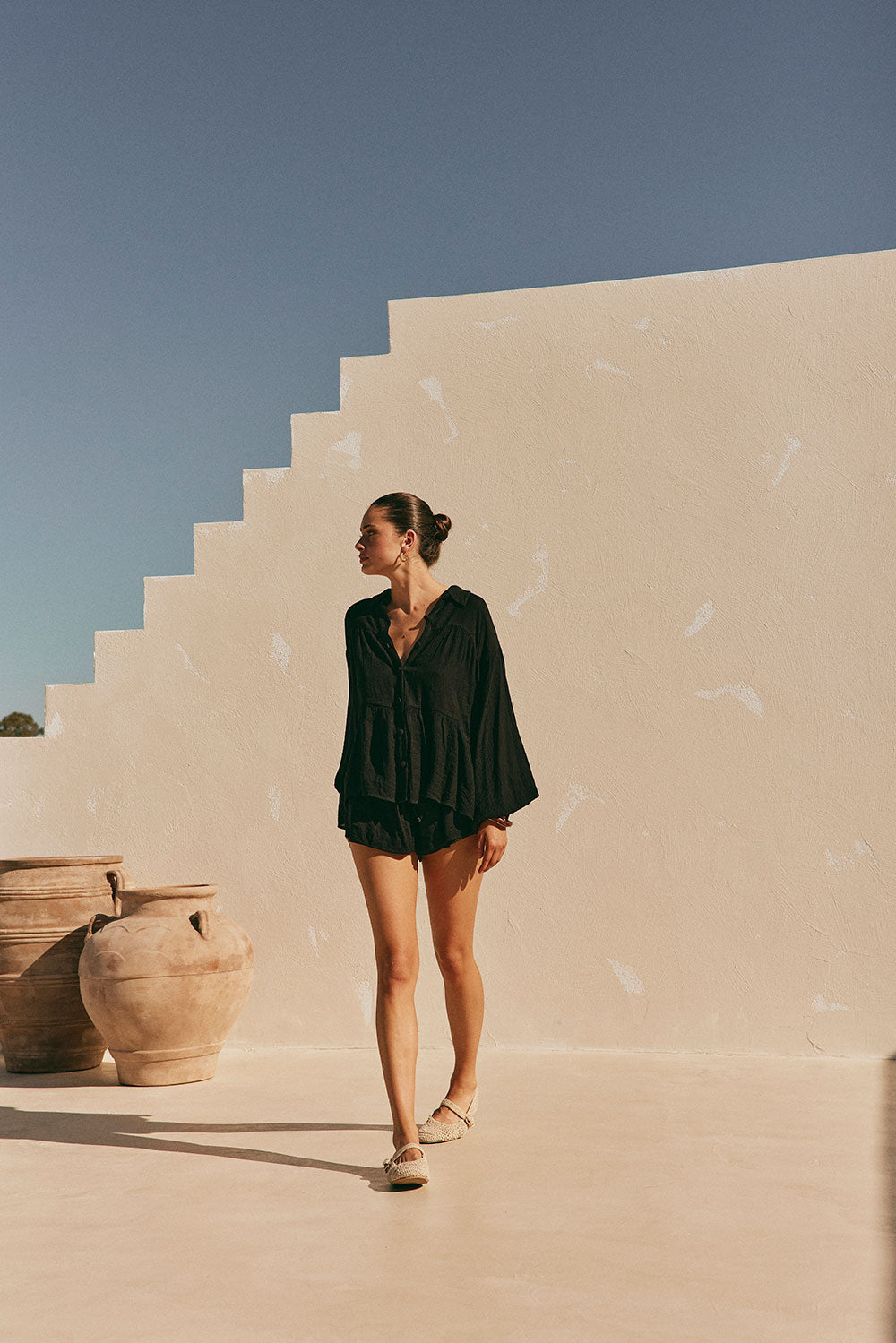 Black Lightweight Crepe Rayon Blend Huxley Top - Ideal for Weekends