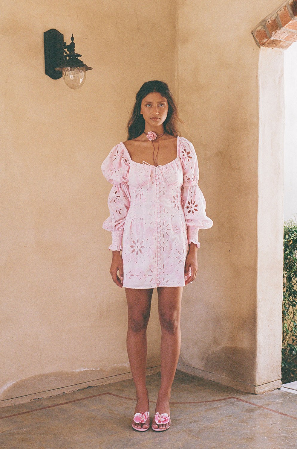 SABO LUXE Exclusive Pink Smudge Bloom Print Cotton Broderie Amala Women's Dress