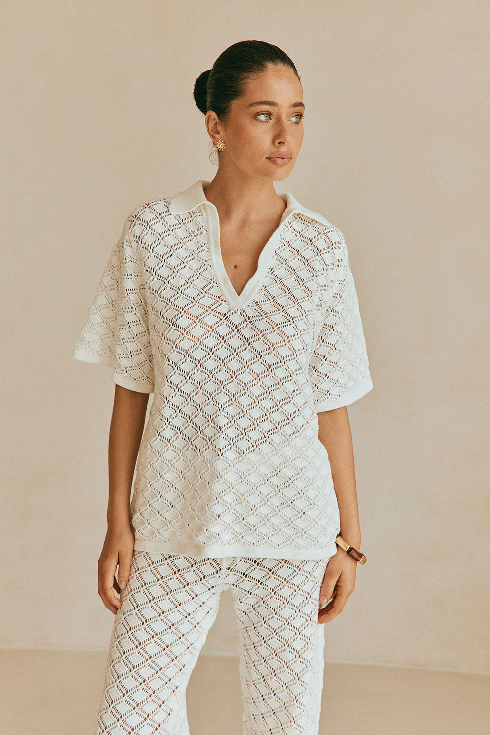 Elegant White Natural Cotton Knit Aya Top with Vintage Charm