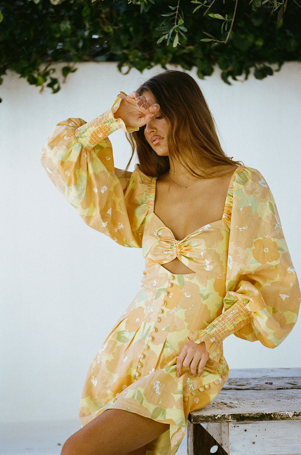 Exclusive Blooming Floral Citrus Print Zayda Puff Linen-Cotton Blend Dress