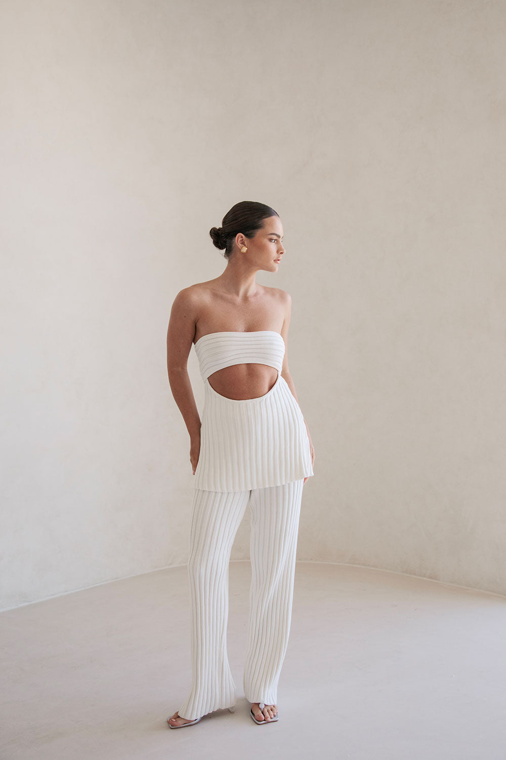 Exclusive White Natural Ribbed Knit Strapless Stevie Top