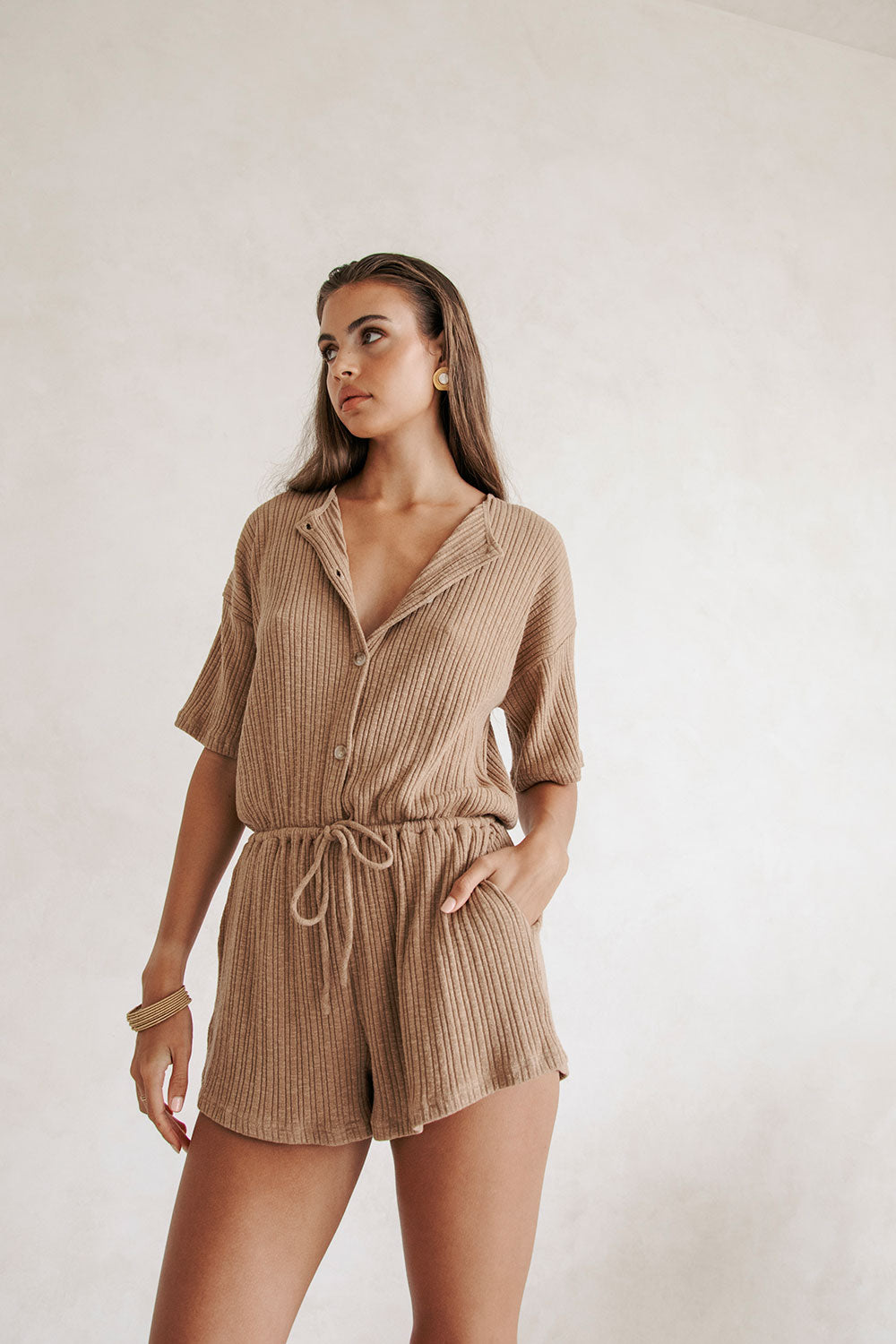 Sabo's Exclusive Juniper Tan Textured Ribbed Biscotti Colored Playsuit for a Comfy and Cute Look