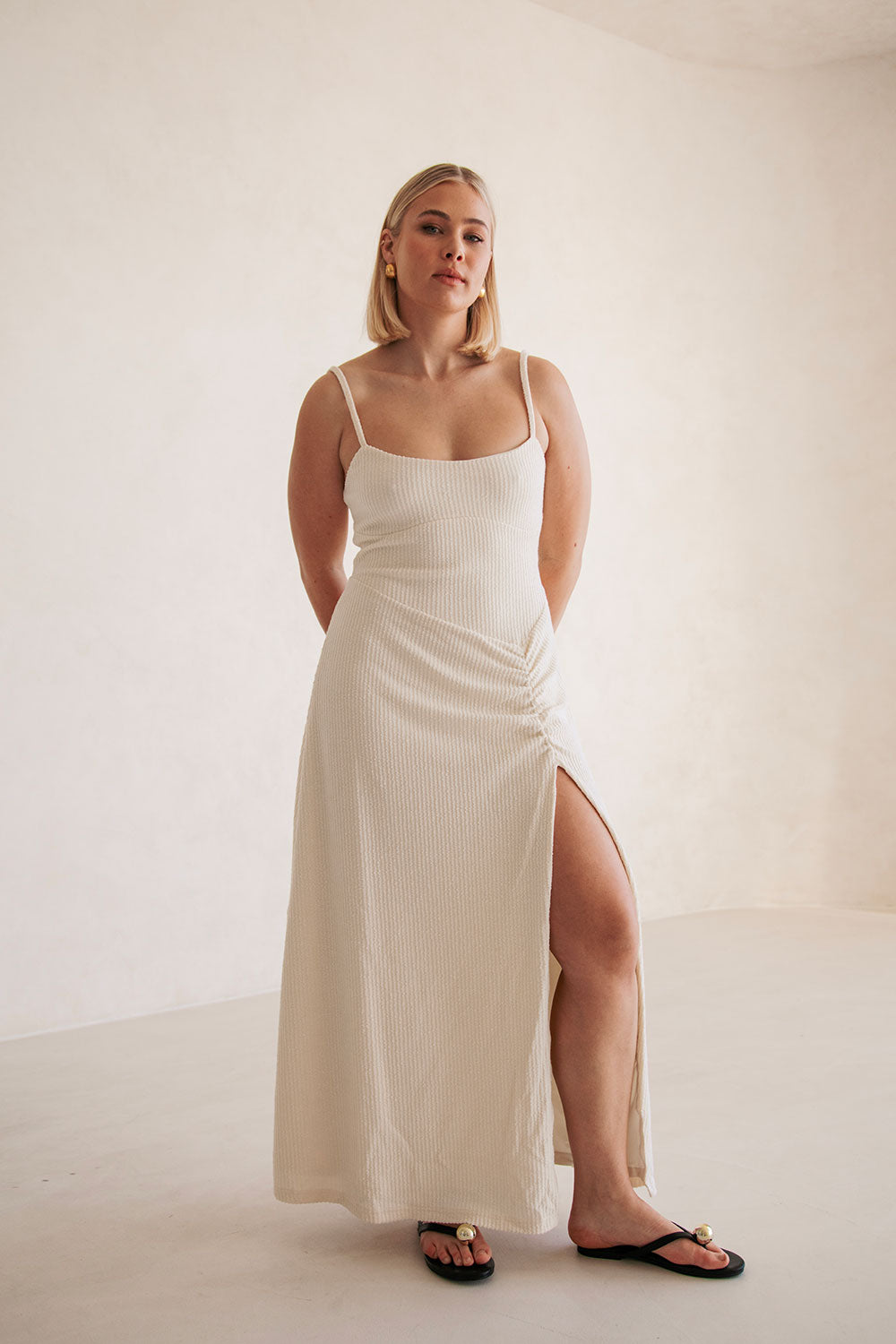 Beige Woven Seersucker Adjustable Straps Maxi Ebony Dress