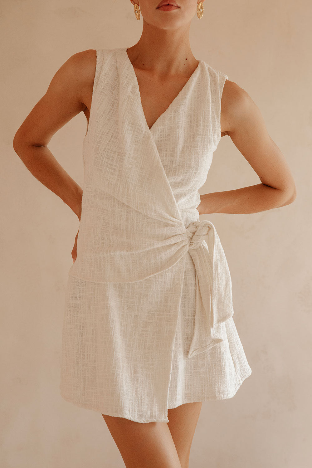 Exclusively Designed Sabo White Raw Cotton Blend Fallon Summer Mini Dress