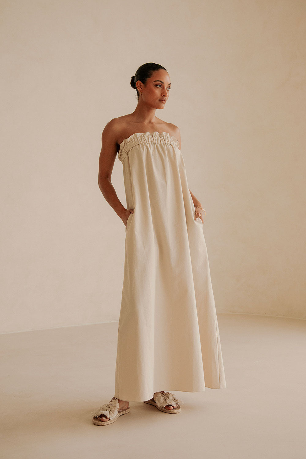Exquisite Creamy Beige Strapless Ruffle Lila Maxi Dress from SABO x Kayla Boyd