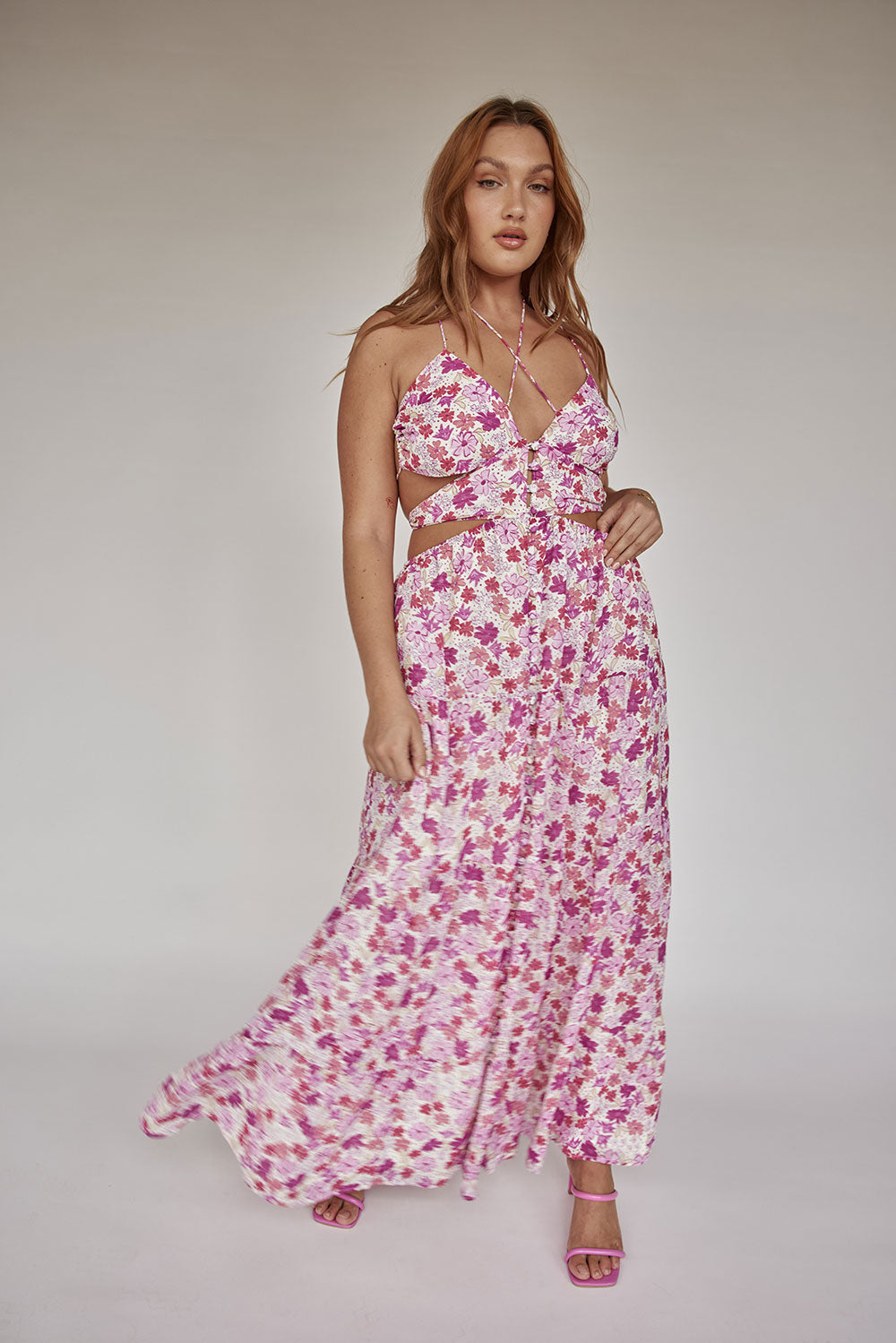 Exclusive Purple Haze Floral Print Strappy Baila Maxi Dress
