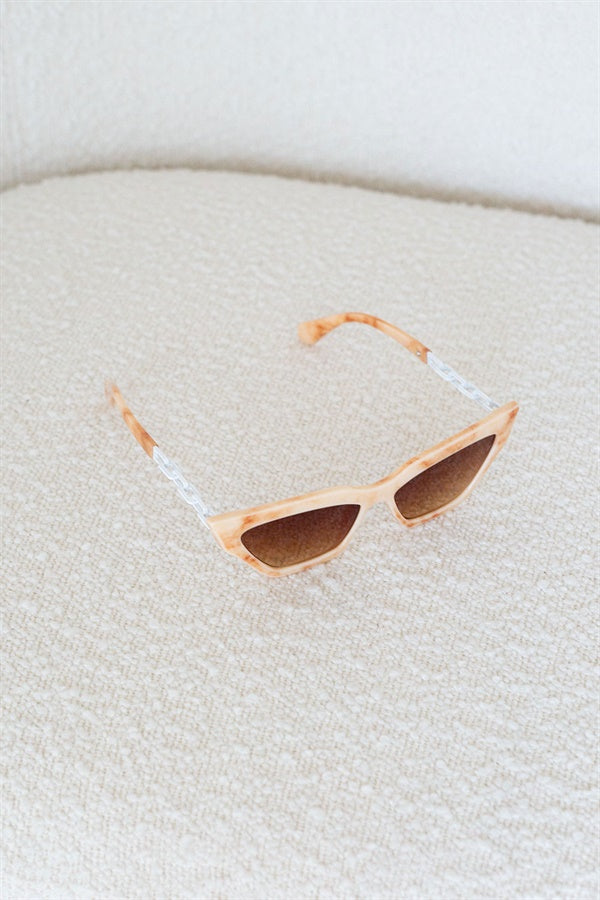 Stylish Almia Marble Cateye Sunglasses with Brown Lenses and White Chain Detailing