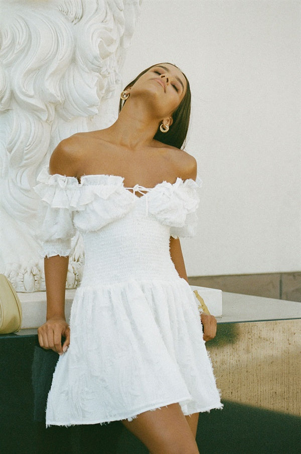 Exclusive Sabo-Designed White Jacquard Fluffy Texture Off-Shoulder Shirred Party Dress - Velette