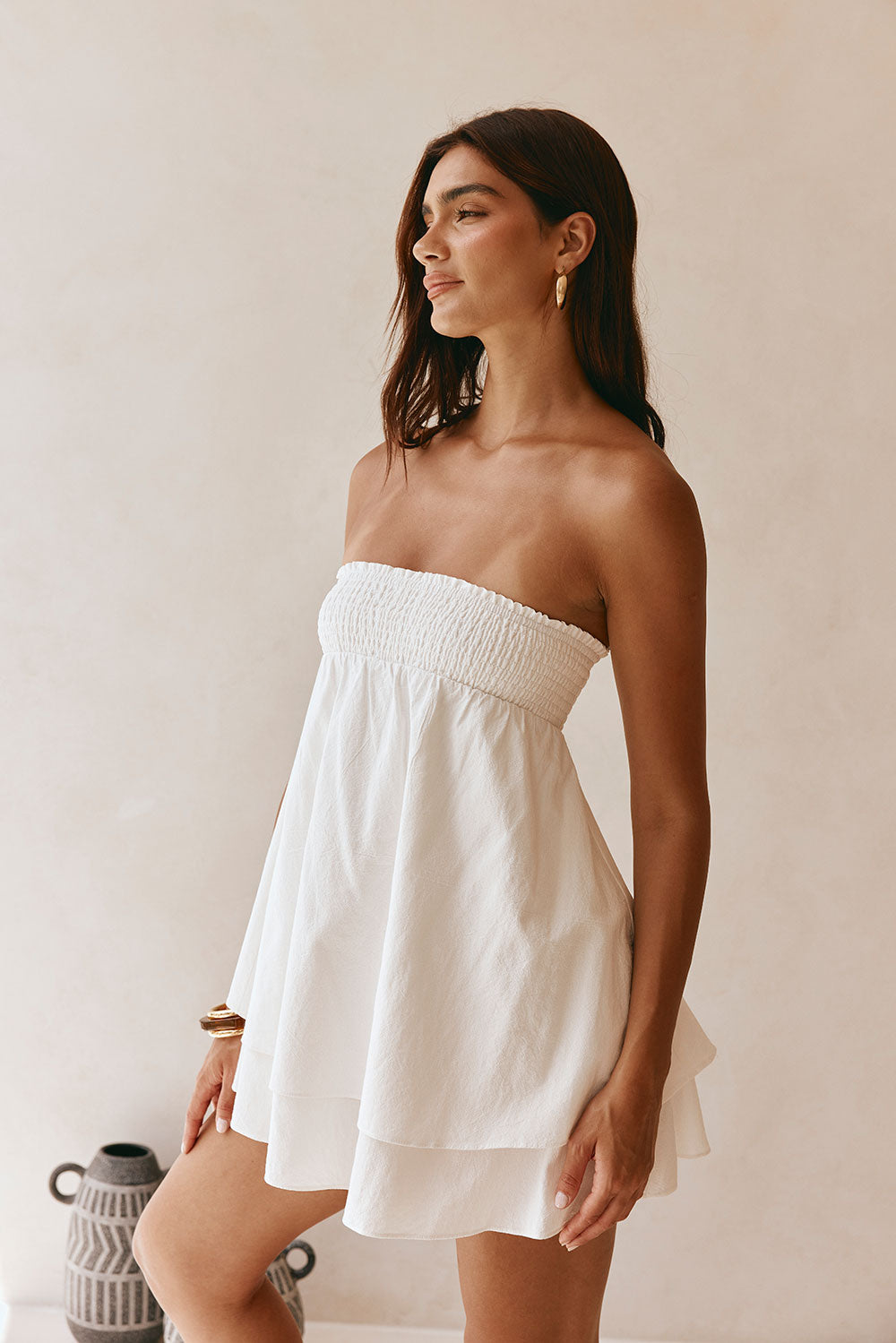 White Natural Cotton Rocio Strapless Babydoll Mini Dress