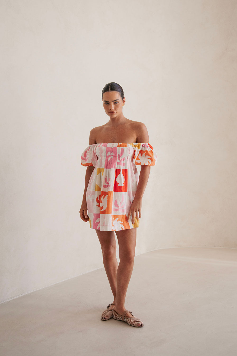 Zoi Babydoll Dress with Exclusive Palm Tile Fuego Print