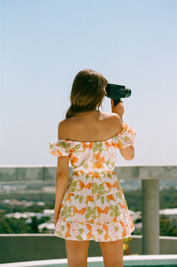 Exquisite Cherise Off - Shoulder Women's Cotton Dress with Hand - Painted Dusty Floral Print